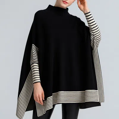 Truedames Striped Hem Mock Neck Asymmetrical Poncho In Black