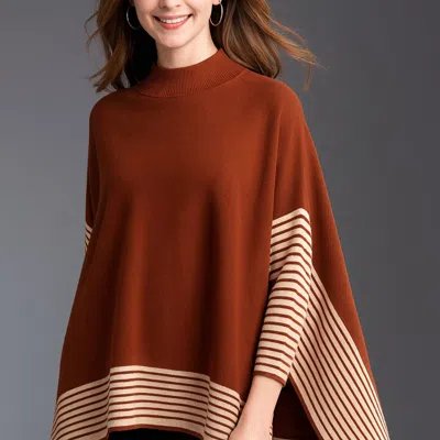 Truedames Striped Hem Mock Neck Asymmetrical Poncho In Brown