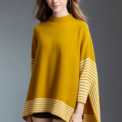 Truedames Striped Hem Mock Neck Asymmetrical Poncho In Yellow