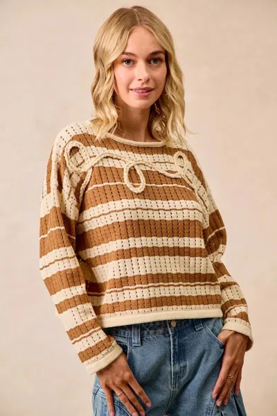 Truedames Striped Open Knit Sweater Top With Front Braided Detail In Brown