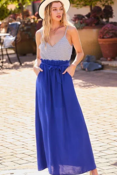 Truedames Striped Print Cami Sol Top Hi-waist Skirt Side Pocket Maxi Dress In Blue