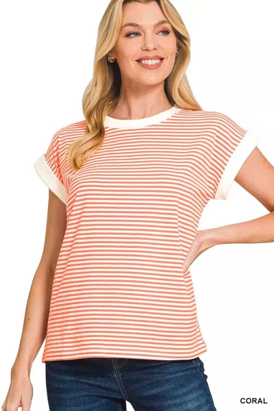 Truedames Striped Round Neck Short Sleeve Contrast Trim T-shirt In Pink