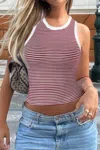 Truedames Striped Round Neck White Trim Crop Fitted Tank Top In Red