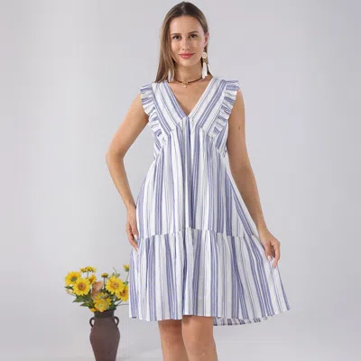 Truedames Striped Ruffle Sleeves Casual Summer Dress In Blue
