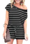 Truedames Striped Short Sleeve Drawstring Waist Romper In Black