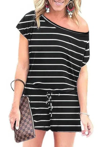 Truedames Striped Short Sleeve Drawstring Waist Romper In Black