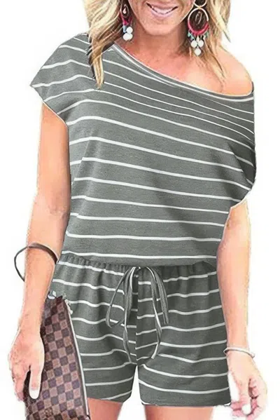 Truedames Striped Short Sleeve Drawstring Waist Romper In Green