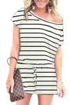 Truedames Striped Short Sleeve Drawstring Waist Romper In White