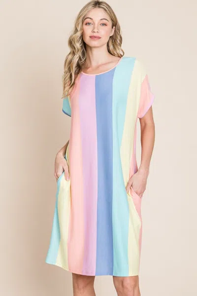 Truedames Striped Short Sleeve Dress With Pockets In Multi