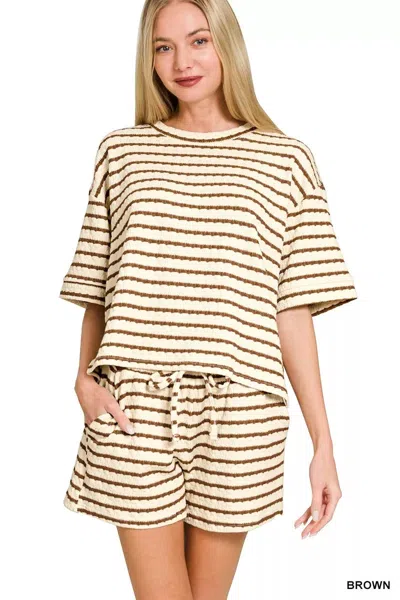 Truedames Striped Short Sleeve Tee & Shorts Set In Brown
