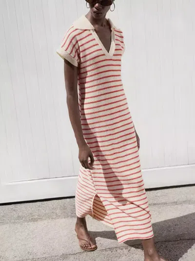 Truedames Striped Slit Short Sleeve Maxi Dress In Red