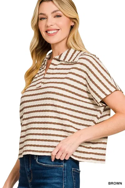 Truedames Striped Split Neck Collared Top In Brown