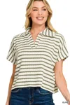 Truedames Striped Split Neck Collared Top In Multi