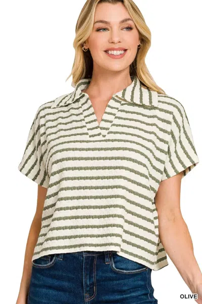 Truedames Striped Split Neck Collared Top In Multi