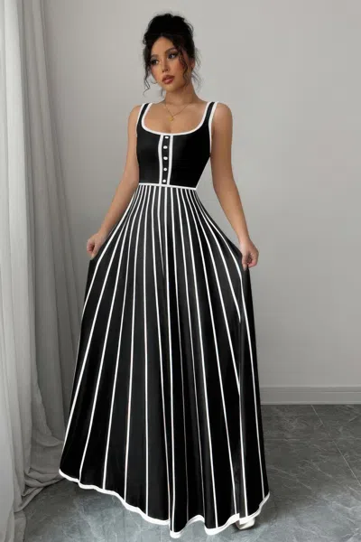 Truedames Striped Square Neck Sleeveless A Line Fit Dress In Black