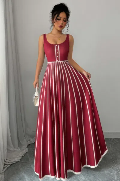 Truedames Striped Square Neck Sleeveless A Line Fit Dress In Red