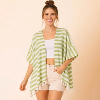 Truedames Striped Tassel Detail Open Front Kimono Poncho In Green