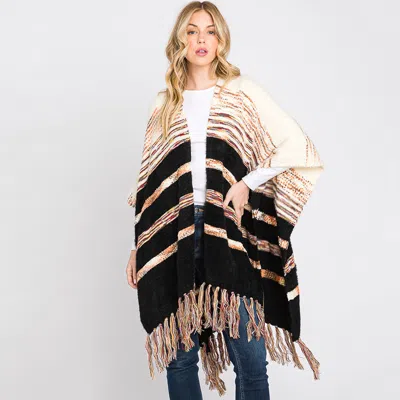 Truedames Striped Tassel Fringe Ruana Poncho In Black