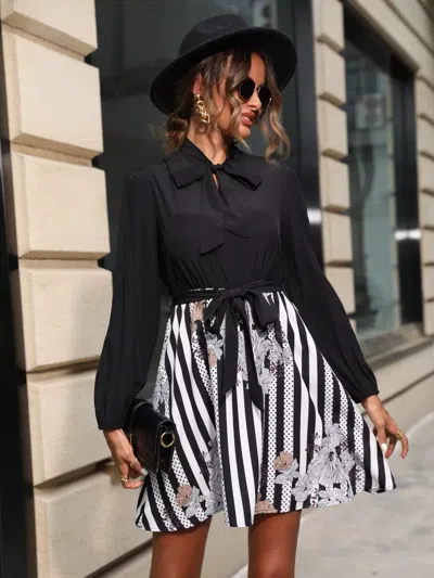 Truedames Striped Tie Front Long Sleeve Mini Dress In Black
