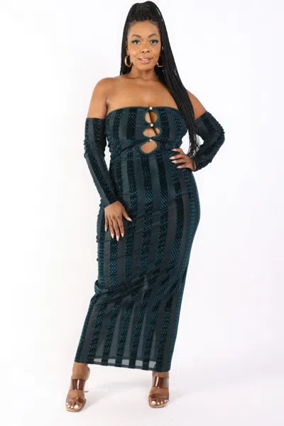 Truedames Striped Velvet Off Shoulder Dress In Green