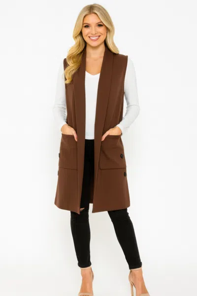 Truedames Structured Sleeveless Longline Vest With Pockets In Brown