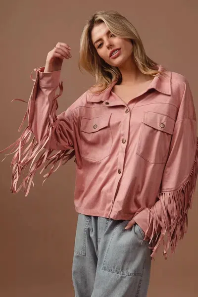 Truedames Suede Fringe Long Sleeve Jacket In Pink