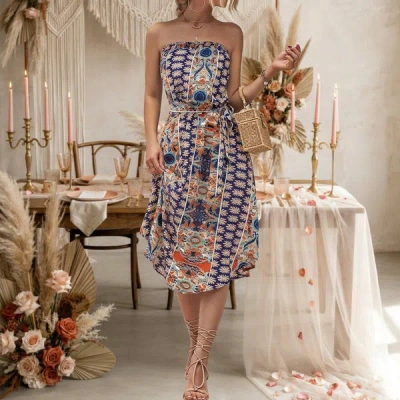 Truedames Summer Bohemian Strapless Maxi Dress In Blue
