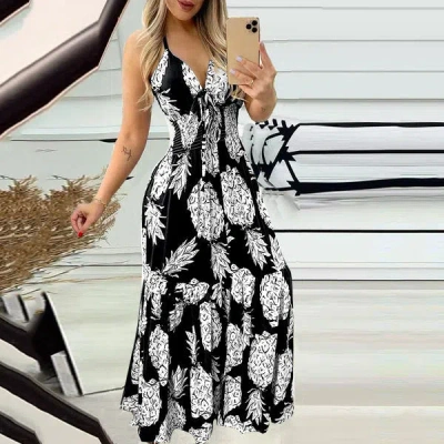 Truedames Summer Bustier Spaghetti Strap High Waist Printed Maxi Dress Sexy Women's Dress In Black