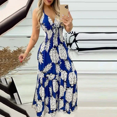 Truedames Summer Bustier Spaghetti Strap High Waist Printed Maxi Dress Sexy Women's Dress In Blue