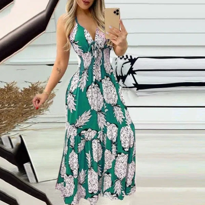 Truedames Summer Bustier Spaghetti Strap High Waist Printed Maxi Dress Sexy Women's Dress In Green