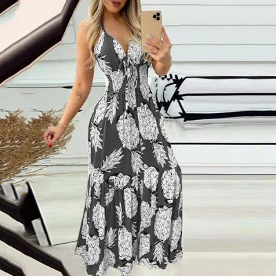 Truedames Summer Bustier Spaghetti Strap High Waist Printed Maxi Dress Sexy Women's Dress In Grey