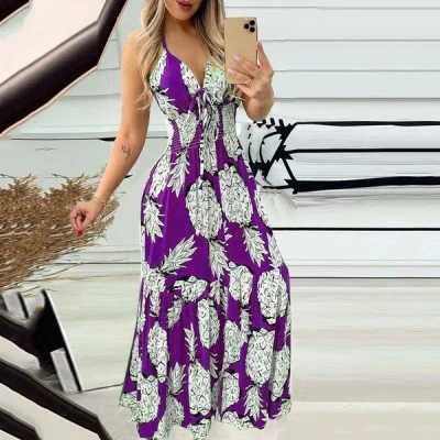 Truedames Summer Bustier Spaghetti Strap High Waist Printed Maxi Dress Sexy Women's Dress In Purple