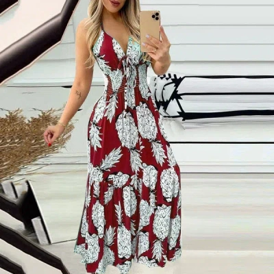 Truedames Summer Bustier Spaghetti Strap High Waist Printed Maxi Dress Sexy Women's Dress In Red