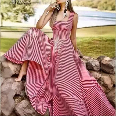 Truedames Summer Fashion Striped Tank Dress - Flared Tie-waist Midi In Red