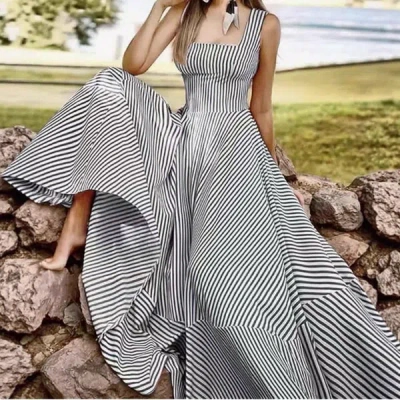 Truedames Summer Fashion Striped Tank Dress - Flared Tie-waist Midi In Black
