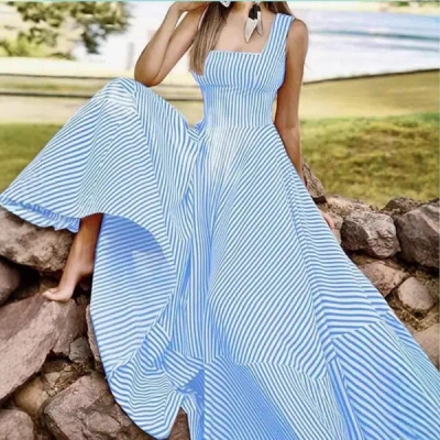 Truedames Summer Fashion Striped Tank Dress - Flared Tie-waist Midi In Blue