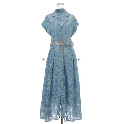 Truedames Summer Lace Embroidered Blazer Dress - Notched Collar Button-front Tie-waist Maxi, Elegant Long Gown In Blue