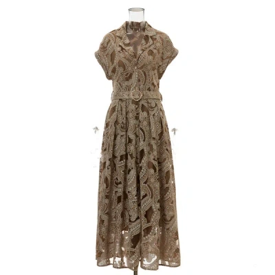 Truedames Summer Lace Embroidered Blazer Dress - Notched Collar Button-front Tie-waist Maxi, Elegant Long Gown In Brown