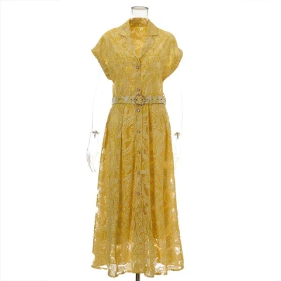 Truedames Summer Lace Embroidered Blazer Dress - Notched Collar Button-front Tie-waist Maxi, Elegant Long Gown In Yellow