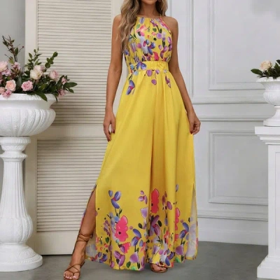 Truedames Summer Print Halter Tie-front Wide-leg Jumpsuit In Yellow