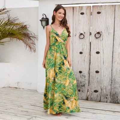 Truedames Summer Sexy Fashion Bohemian Print V-neck Suspender Dress In Green
