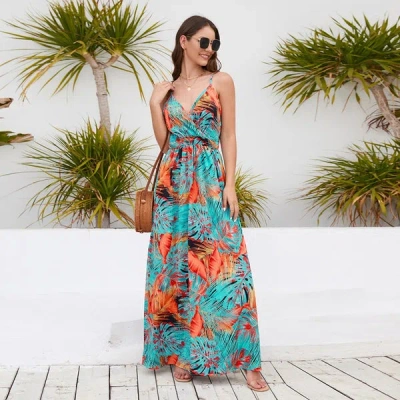 Truedames Summer Sexy Fashion Bohemian Print V-neck Suspender Dress In Orange