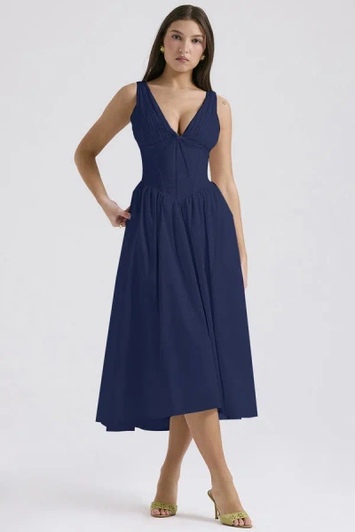 Truedames Summer Slim Suspender Long Dress Fashion Printed V-neck Temperament Dress In Blue