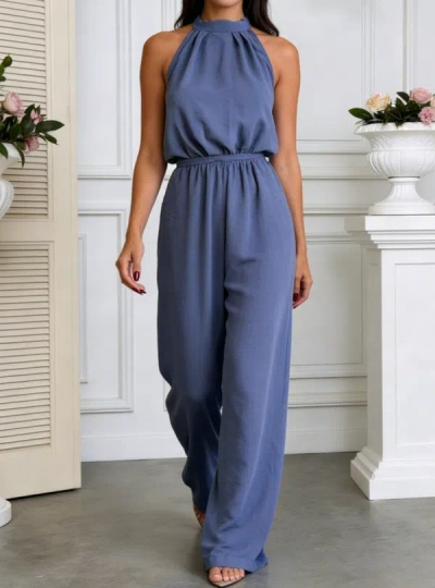 Truedames Summer Trendy Halter High-waist Straight-leg Jumpsuit In Blue
