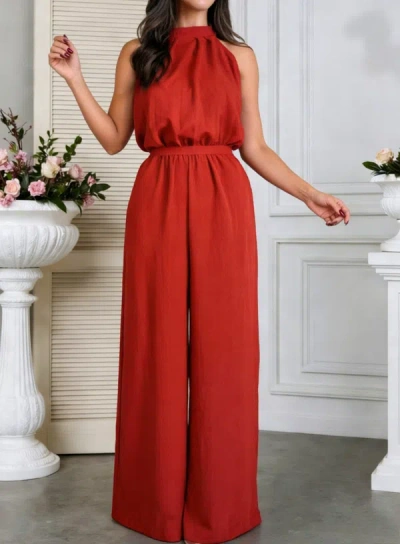 Truedames Summer Trendy Halter High-waist Straight-leg Jumpsuit In Red