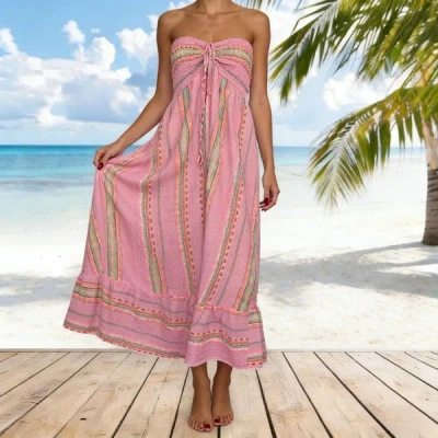 Truedames Summer Trendy Sexy Smocked Strapless Maxi Dress In Pink