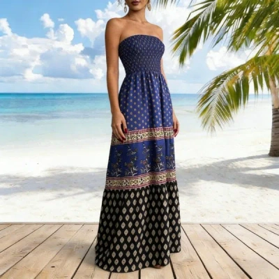 Truedames Summer Trendy Sexy Strapless Maxi Dress In Blue
