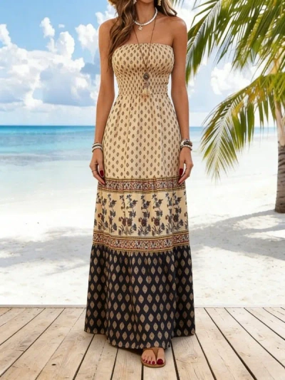 Truedames Summer Trendy Sexy Strapless Maxi Dress In Brown