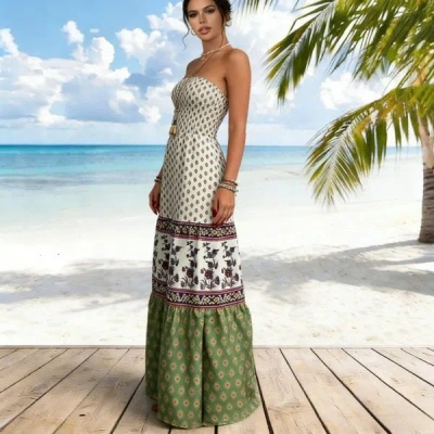 Truedames Summer Trendy Sexy Strapless Maxi Dress In Green