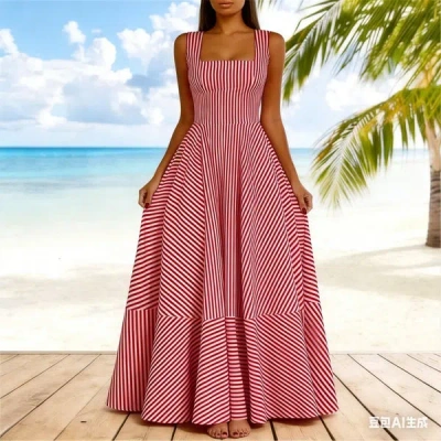 Truedames Summer Trendy Striped Tank Dress In Red
